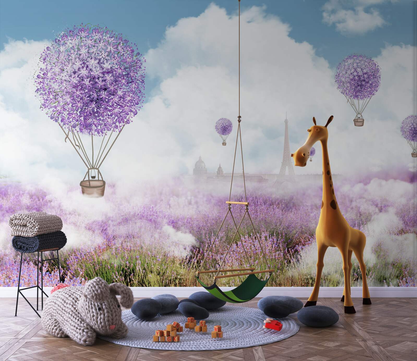 Fototapeten Feld mit Lavendel und fliegenden Luftballons