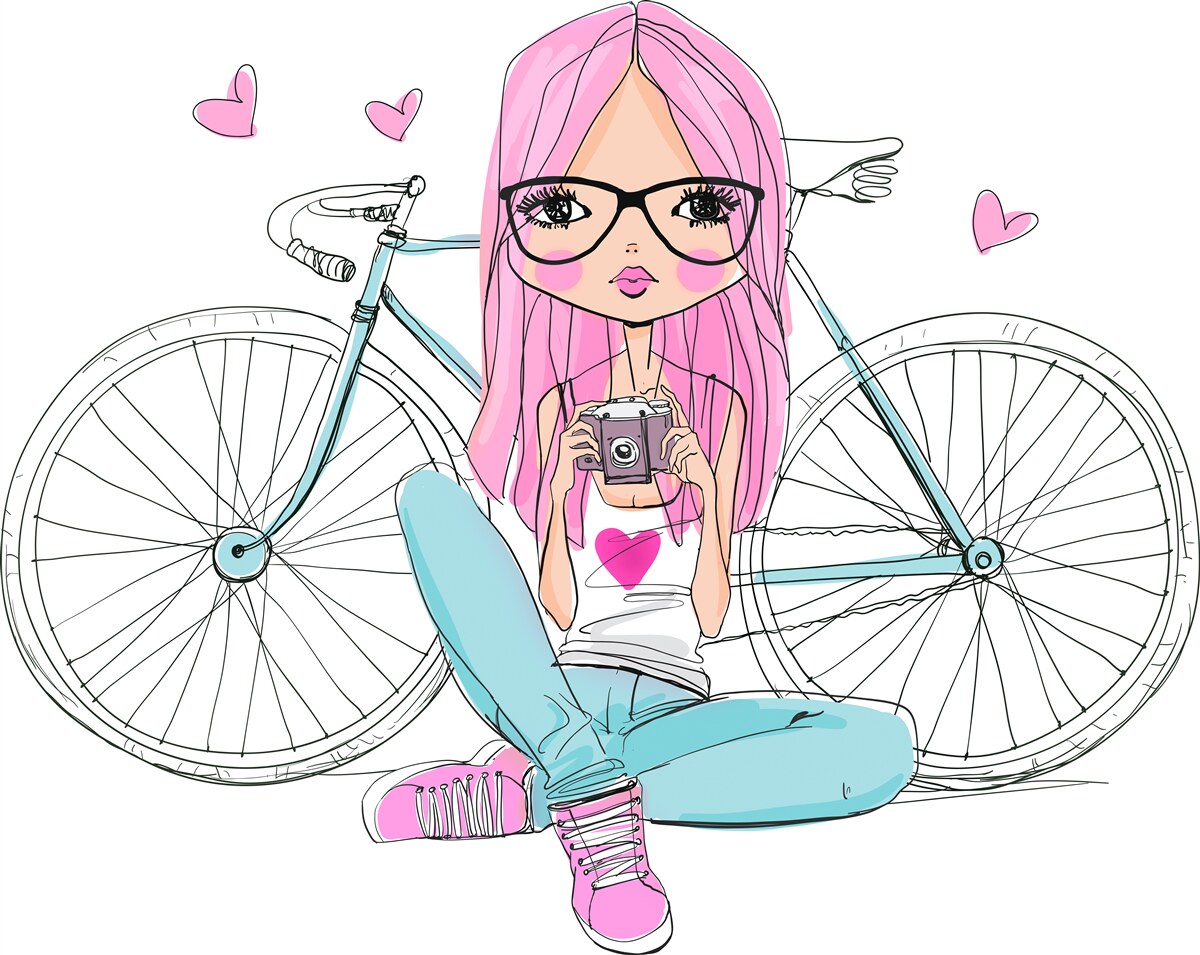 Fototapeten Ein modisches Mädchen auf einem Fahrrad