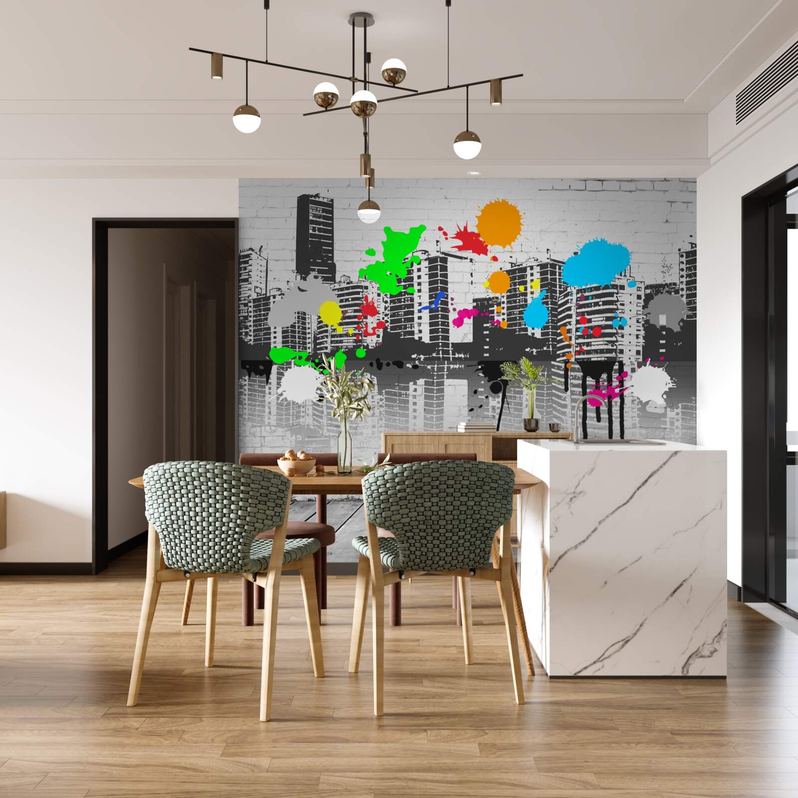 Fototapeten Graffiti, das eine Stadt in Schwarz und Weiß darstellt