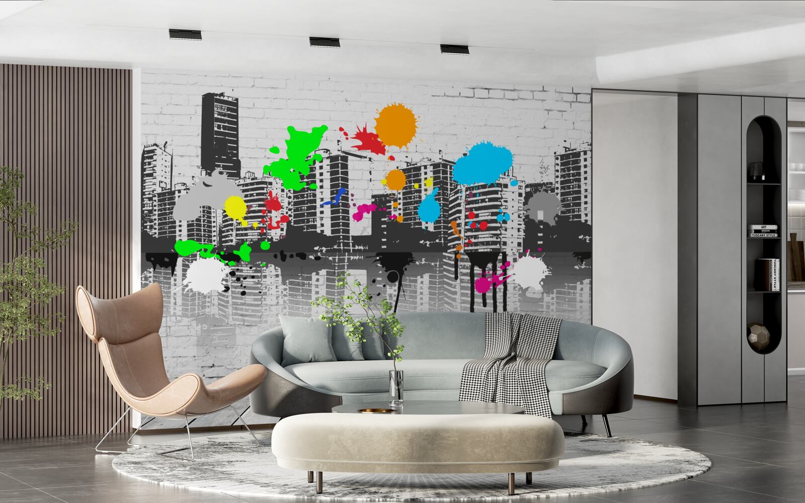 Fototapeten Graffiti, das eine Stadt in Schwarz und Weiß darstellt