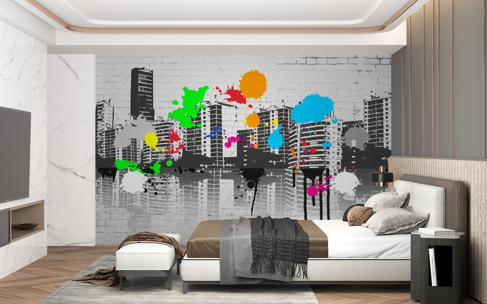 Fototapeten Graffiti, das eine Stadt in Schwarz und Weiß darstellt
