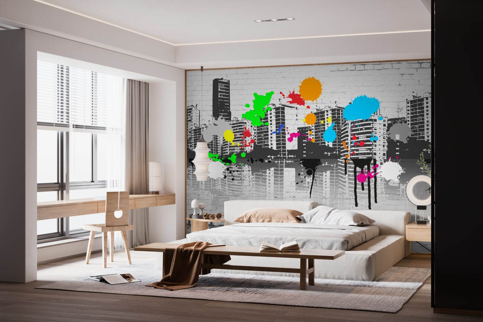 Fototapeten Graffiti, das eine Stadt in Schwarz und Weiß darstellt