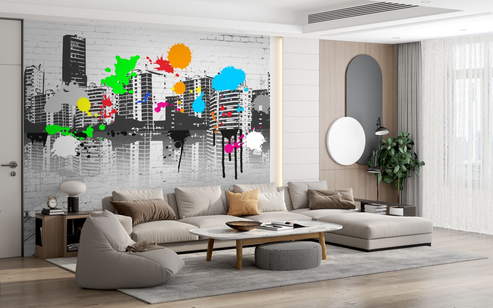 Fototapeten Graffiti, das eine Stadt in Schwarz und Weiß darstellt