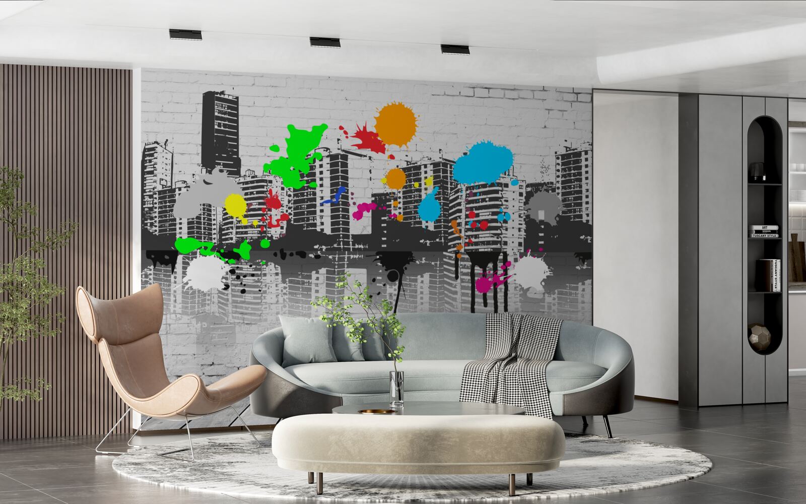 Fototapeten Graffiti, das eine Stadt in Schwarz und Weiß darstellt