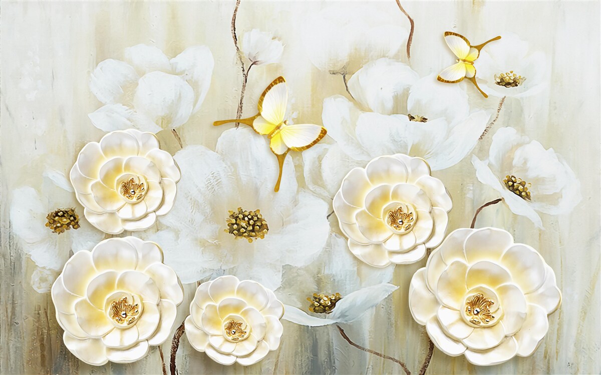 Fototapeten ungewöhnliche Schmetterlinge und helle Blumen