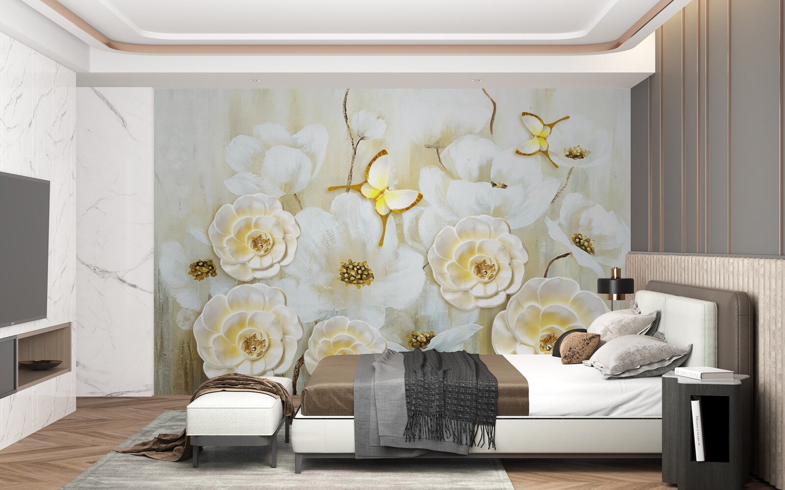 Fototapeten ungewöhnliche Schmetterlinge und helle Blumen