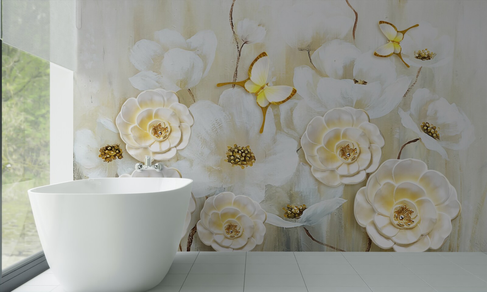 Fototapeten ungewöhnliche Schmetterlinge und helle Blumen