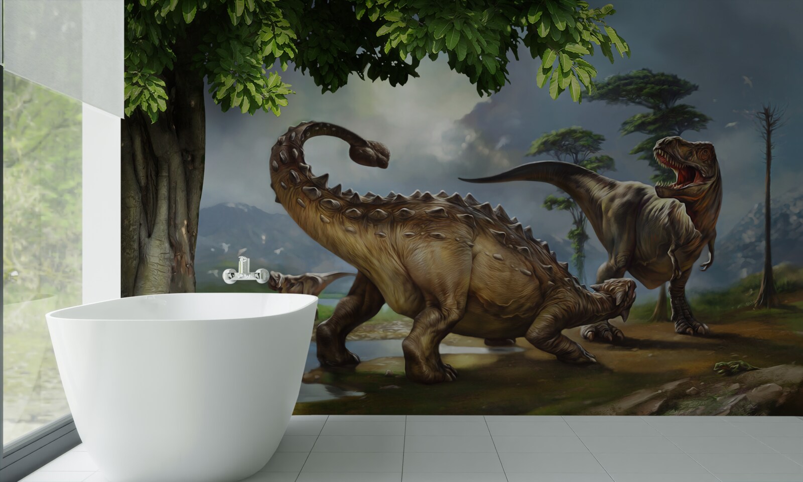 Fototapeten Es gibt Dinosaurier im Wald in der Nähe des Teiches