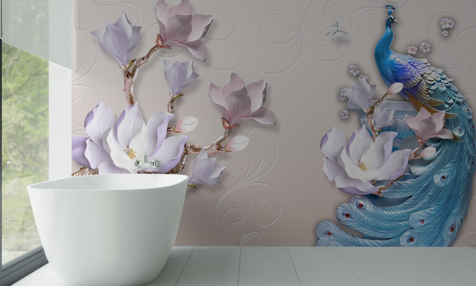 Fototapeten Weiße Magnolien dekorieren den Pfauen