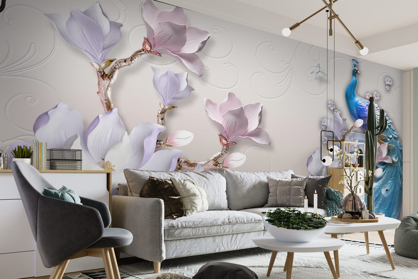 Fototapeten Weiße Magnolien dekorieren den Pfauen