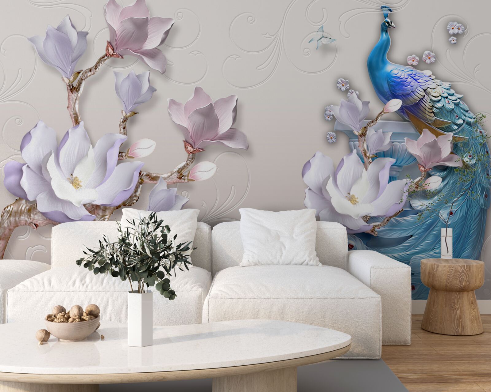 Fototapeten Weiße Magnolien dekorieren den Pfauen
