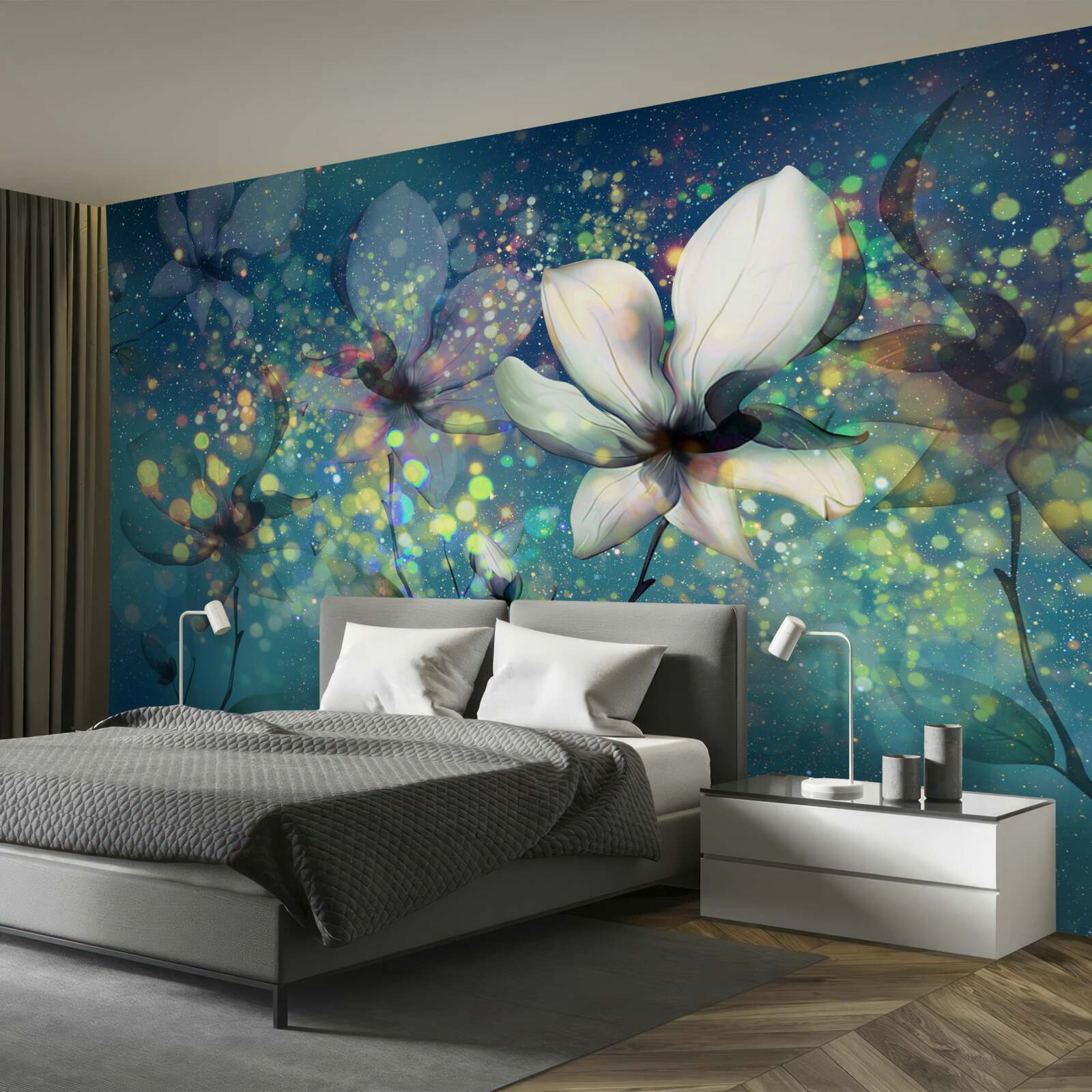 Fototapeten Die Blumen sehen auf blauem Hintergrund schön aus