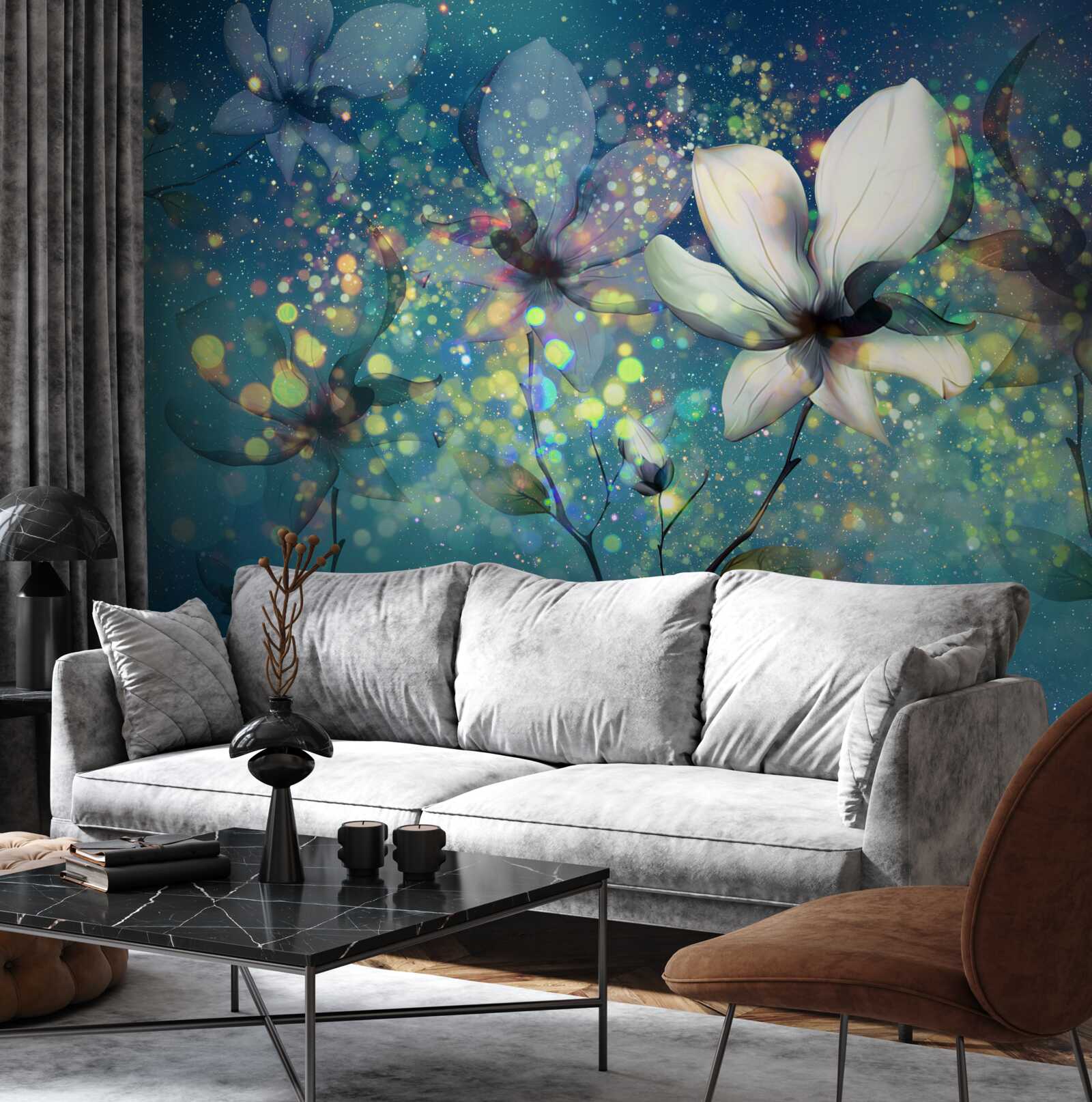 Fototapeten Die Blumen sehen auf blauem Hintergrund schön aus