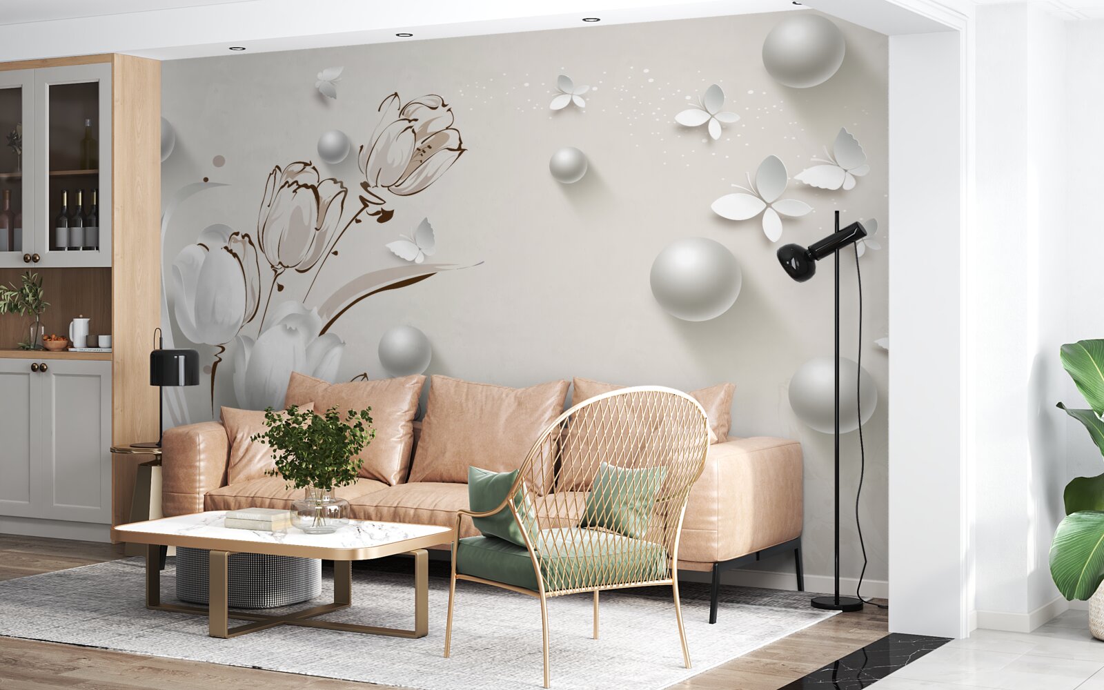 Fototapeten Blumen aus Gold und Perlen im schneebedeckten Schatten
