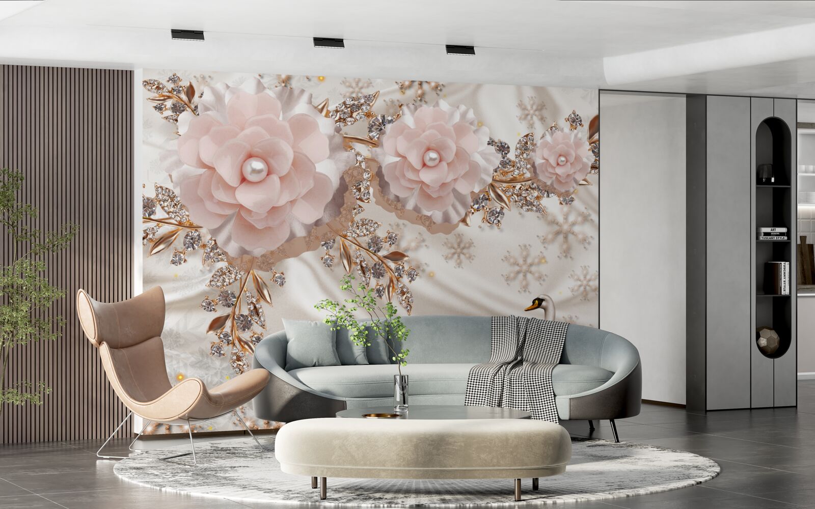 Fototapeten Rosa Blumen sind mit goldenen und schneeweißen Schwänen dekoriert