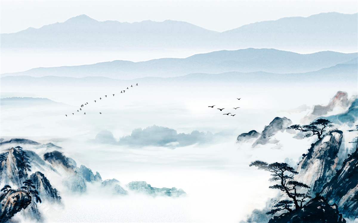 Fototapeten Die Oberteile der Berge sind in Nebel umhüllt