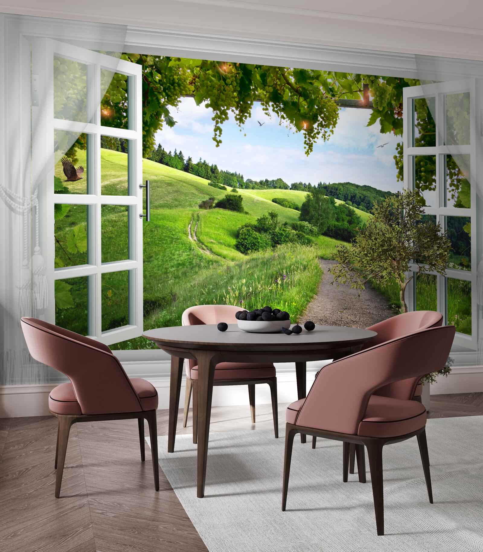 Fototapeten Ein Fenster, das auf dem Panorama von Green Meadows herauskommt