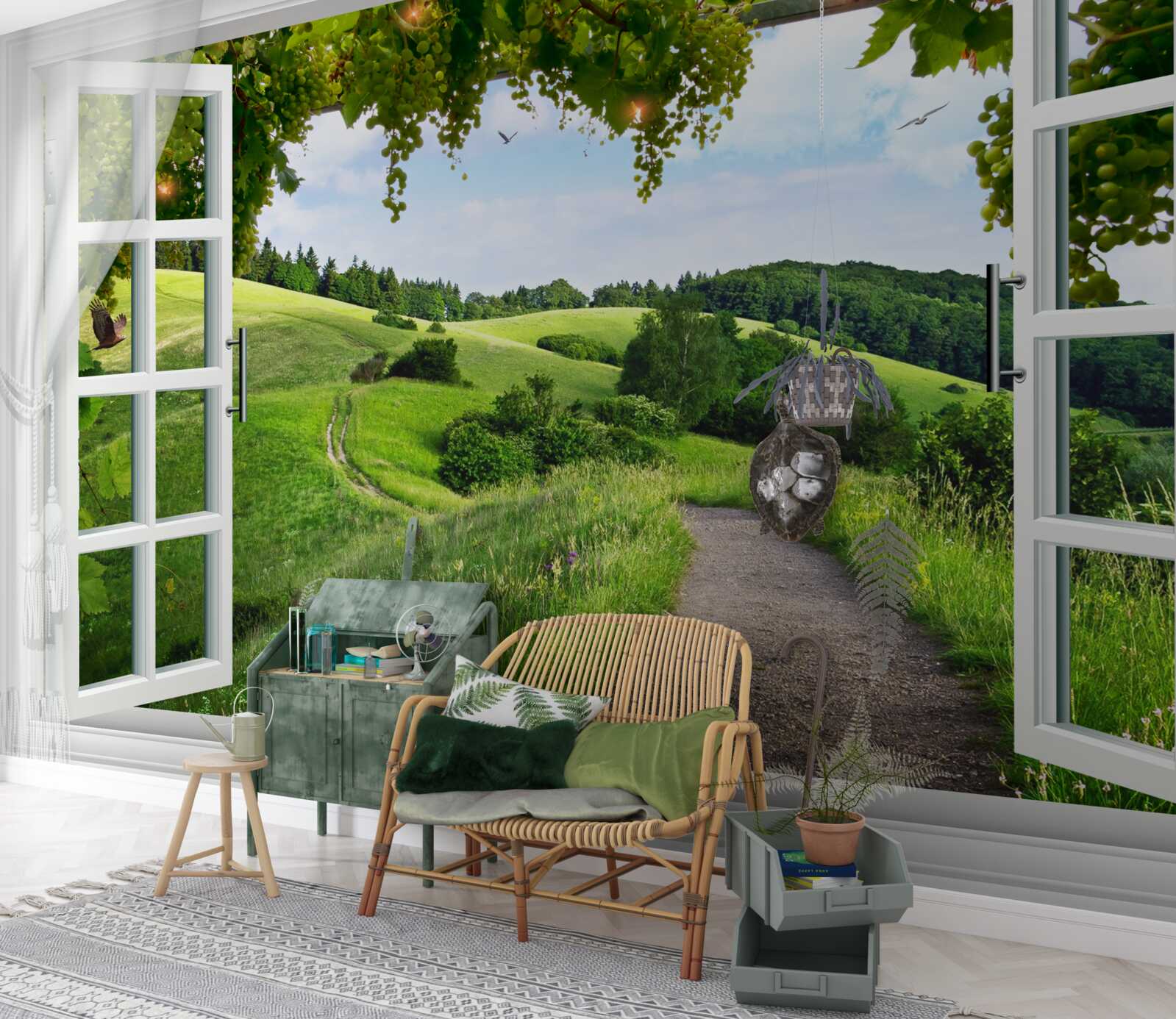 Fototapeten Ein Fenster, das auf dem Panorama von Green Meadows herauskommt