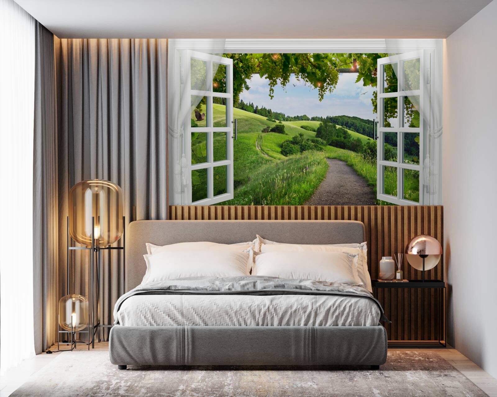 Fototapeten Ein Fenster, das auf dem Panorama von Green Meadows herauskommt
