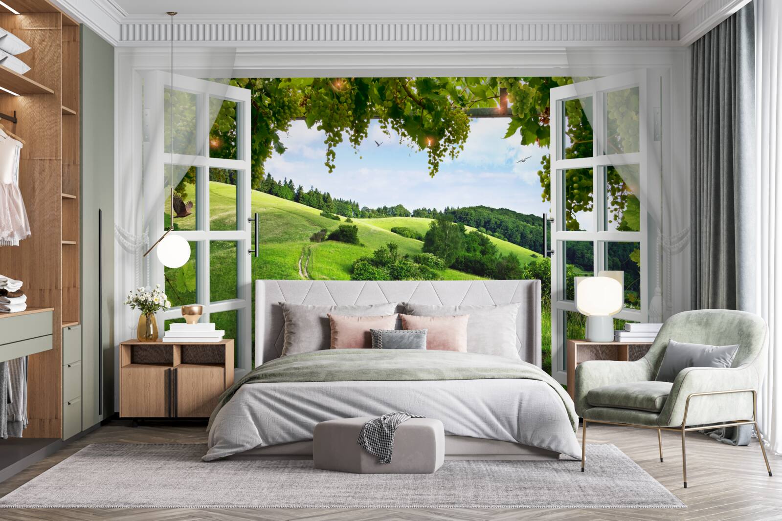 Fototapeten Ein Fenster, das auf dem Panorama von Green Meadows herauskommt