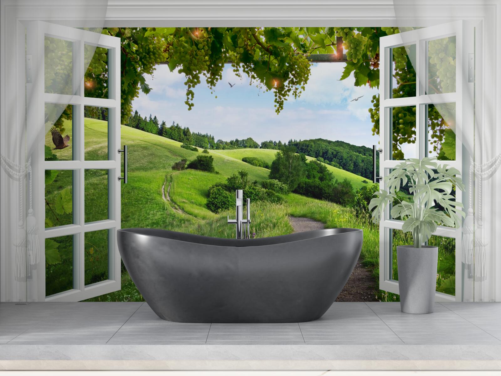 Fototapeten Ein Fenster, das auf dem Panorama von Green Meadows herauskommt