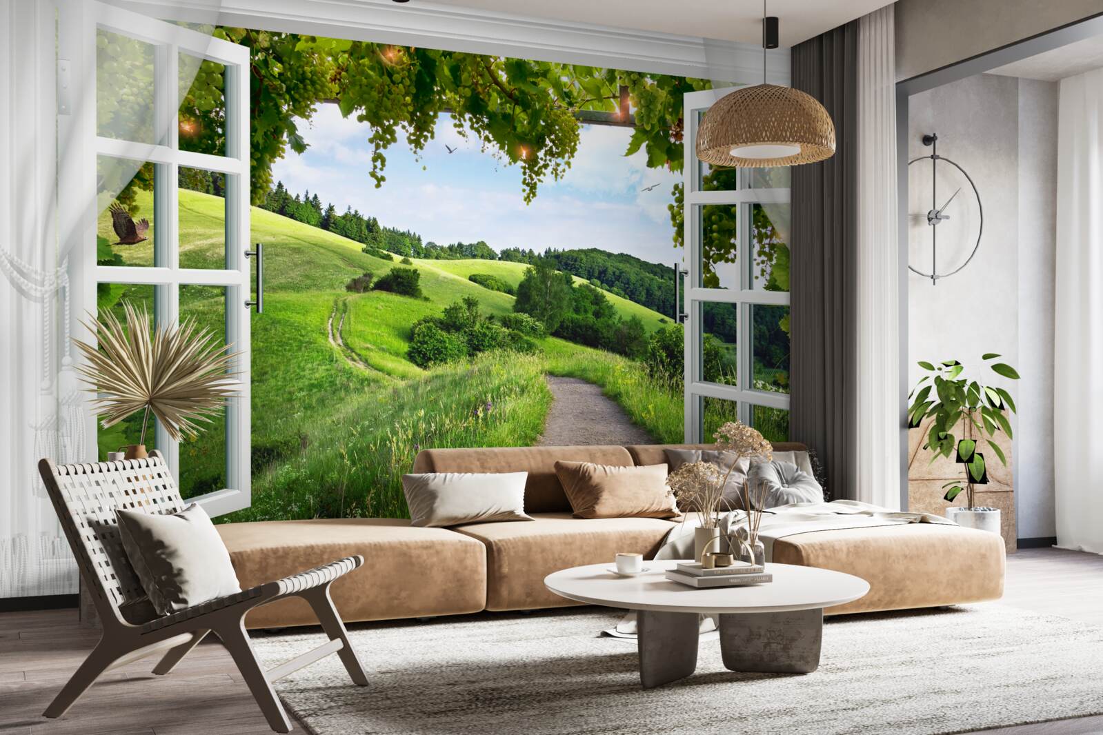 Fototapeten Ein Fenster, das auf dem Panorama von Green Meadows herauskommt