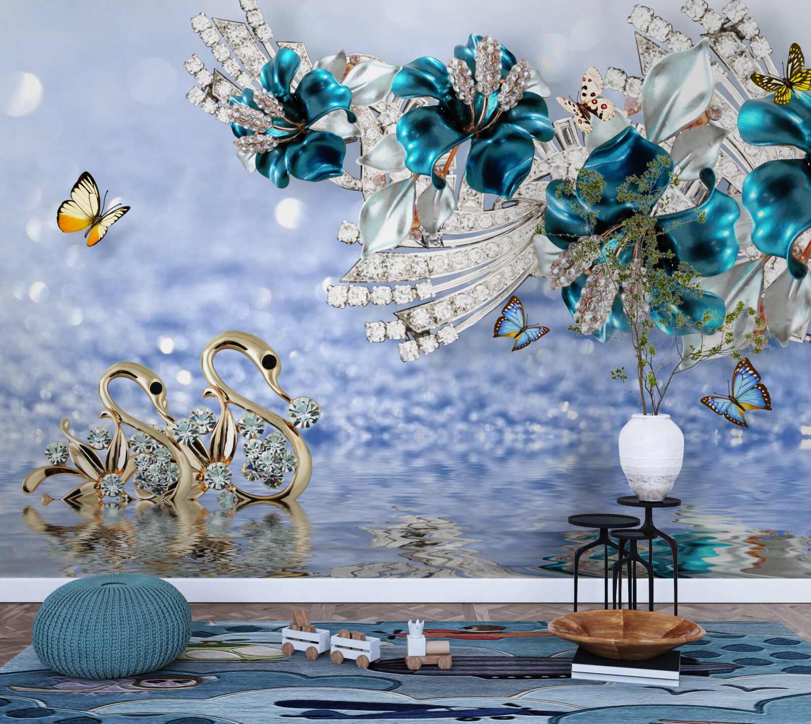 Fototapeten Schwäne, gekleidet in Gold auf der Oberfläche des Wassers und Knospen aus wertvollem Schmuck geschnitzt