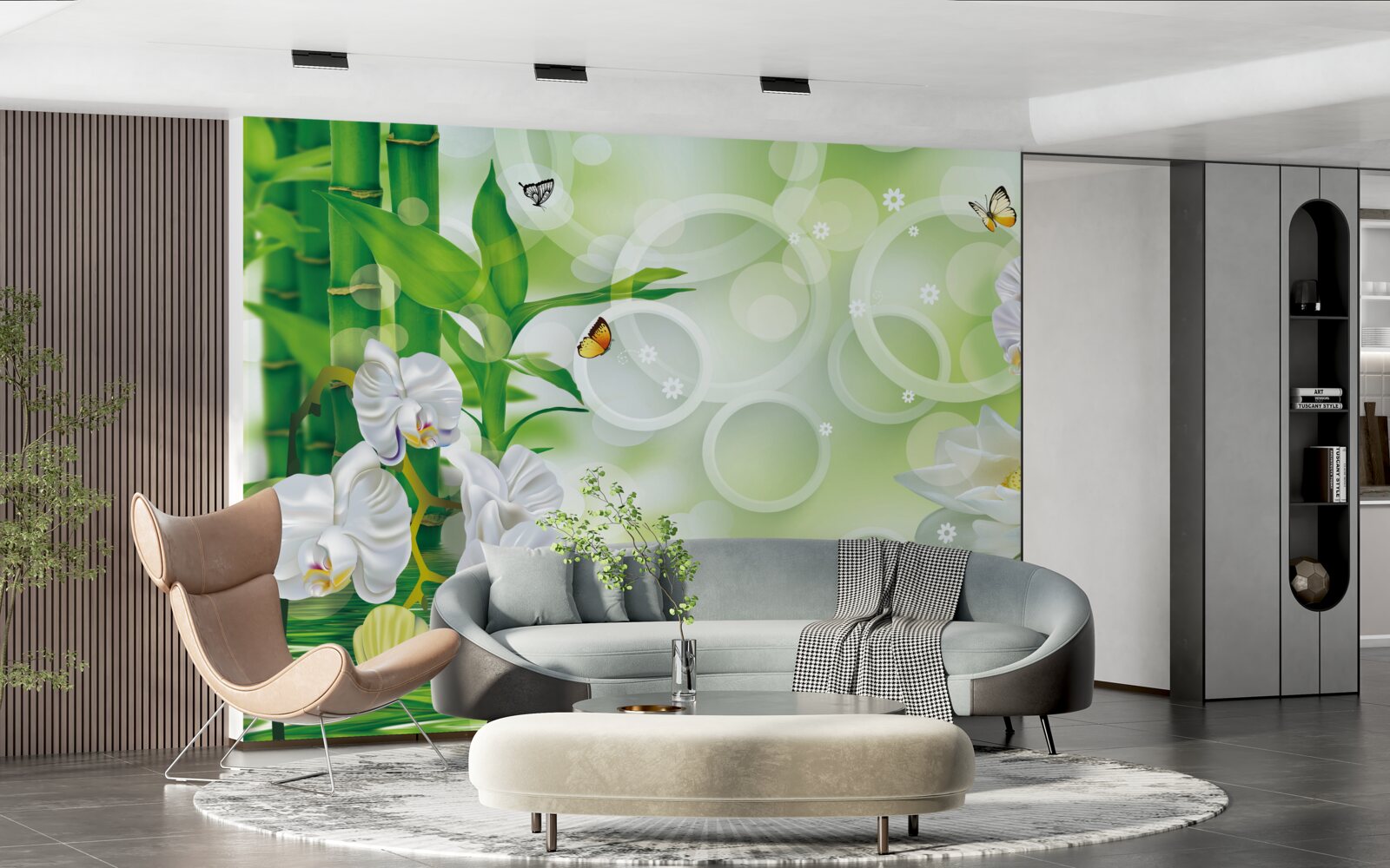 Fototapeten Wasser, das harmonisch mit weißen Orchideen und Bambus verbunden ist