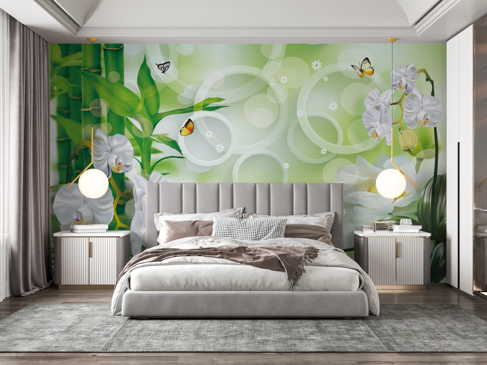 Fototapeten Wasser, das harmonisch mit weißen Orchideen und Bambus verbunden ist