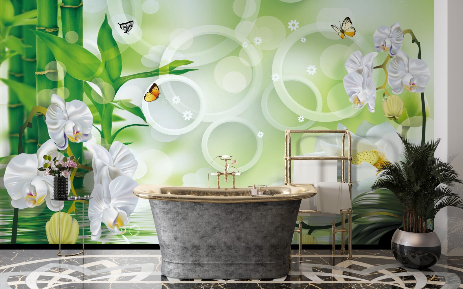 Fototapeten Wasser, das harmonisch mit weißen Orchideen und Bambus verbunden ist