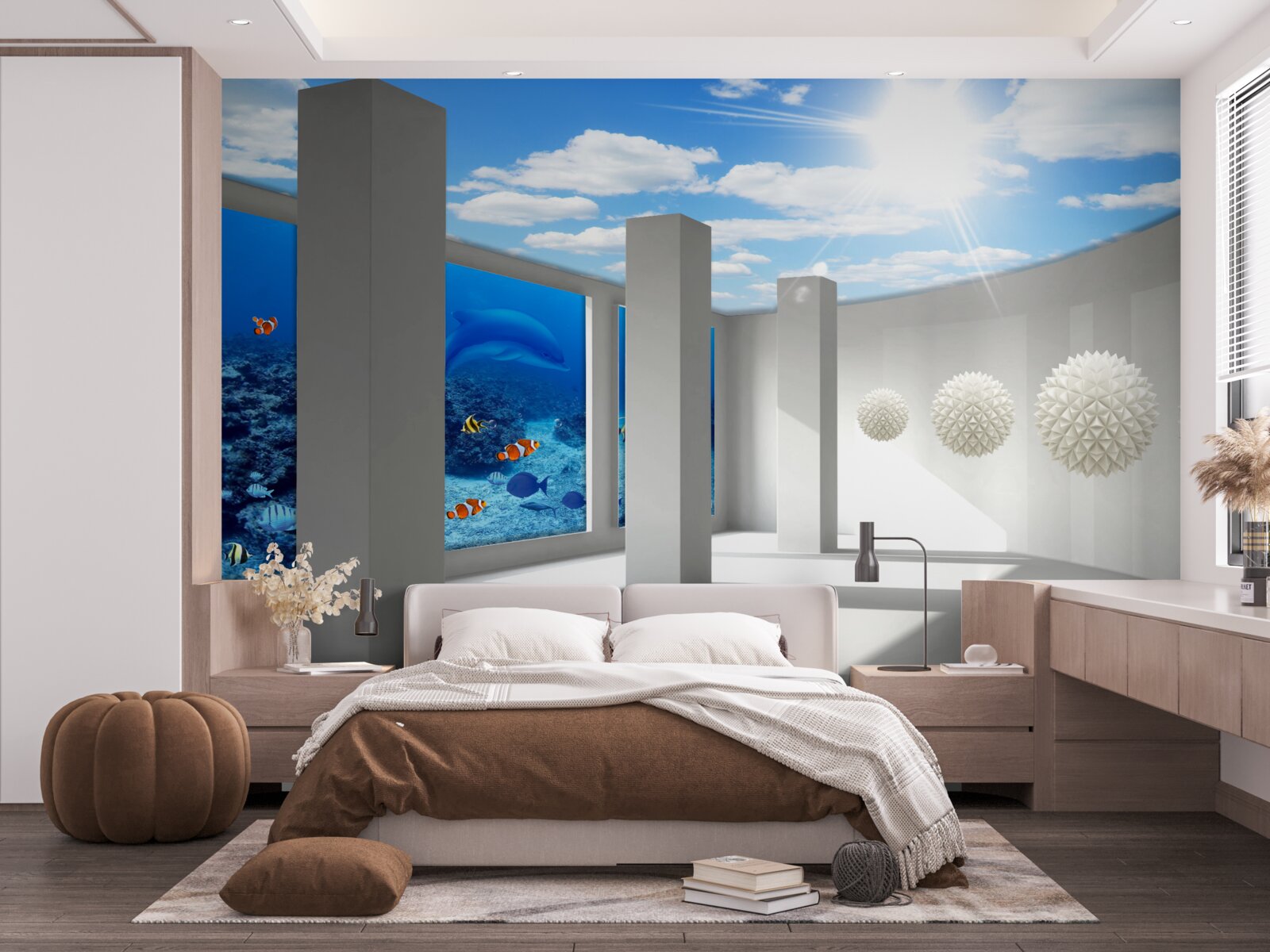 Fototapeten Bälle mit Nadeln, die um das Aquarium schweben