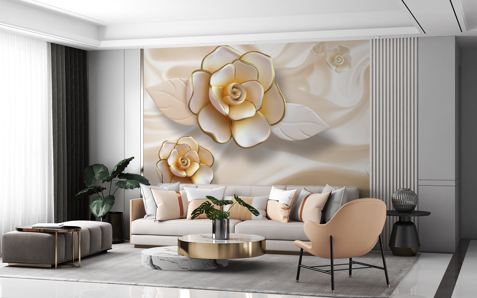 Fototapeten Luxus weiße Rosen mit goldenen Farbtönen
