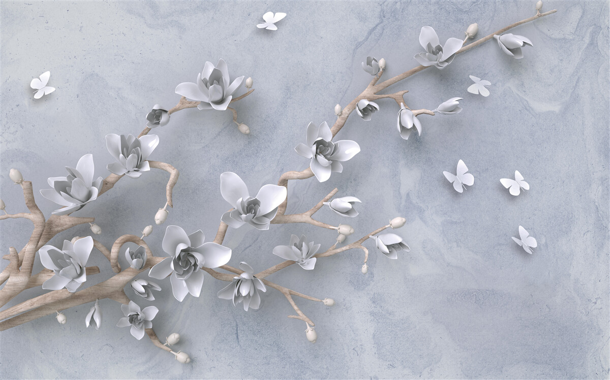 Fototapeten Blumen auf einem Zweig auf grauem Hintergrund