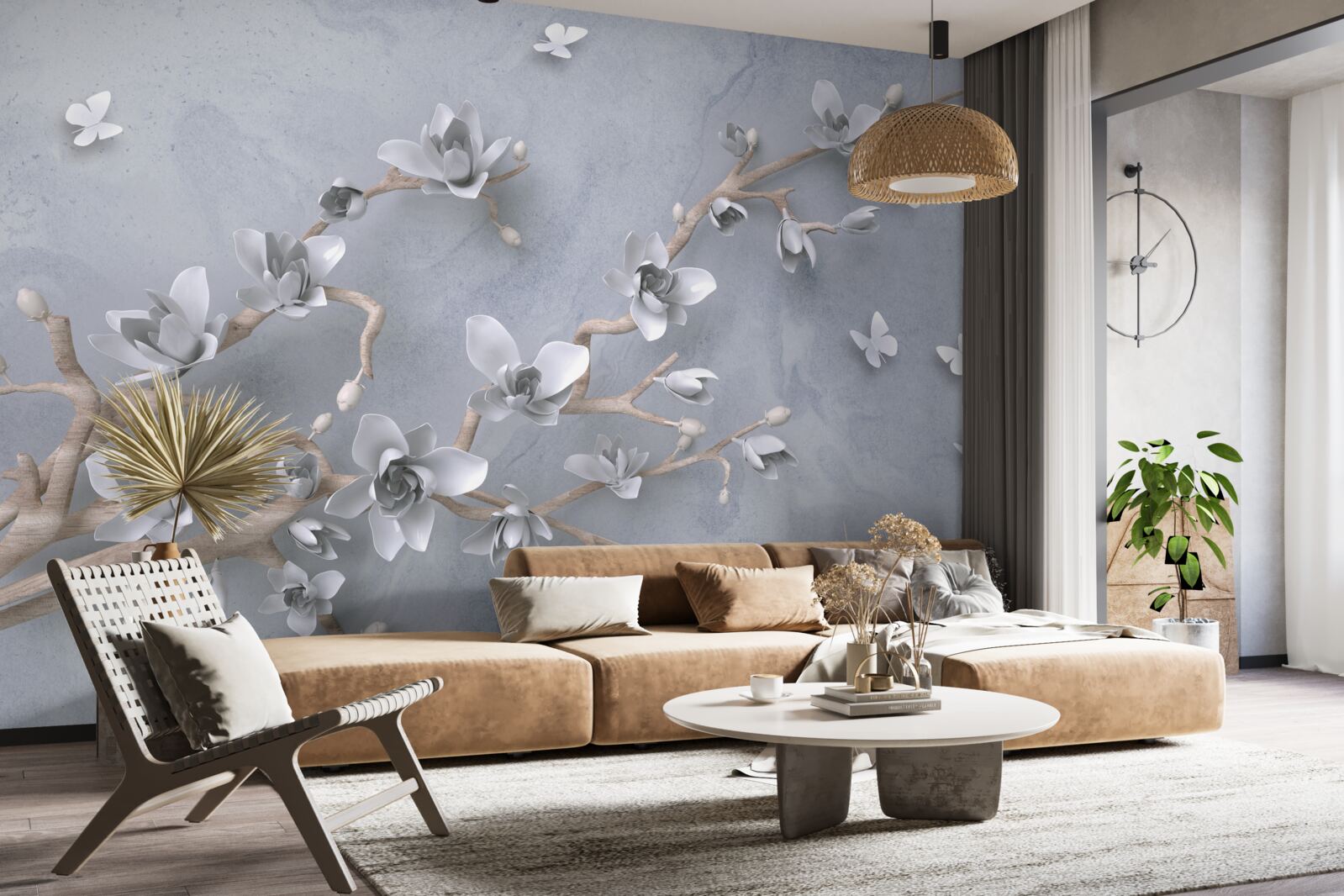 Fototapeten Blumen auf einem Zweig auf grauem Hintergrund
