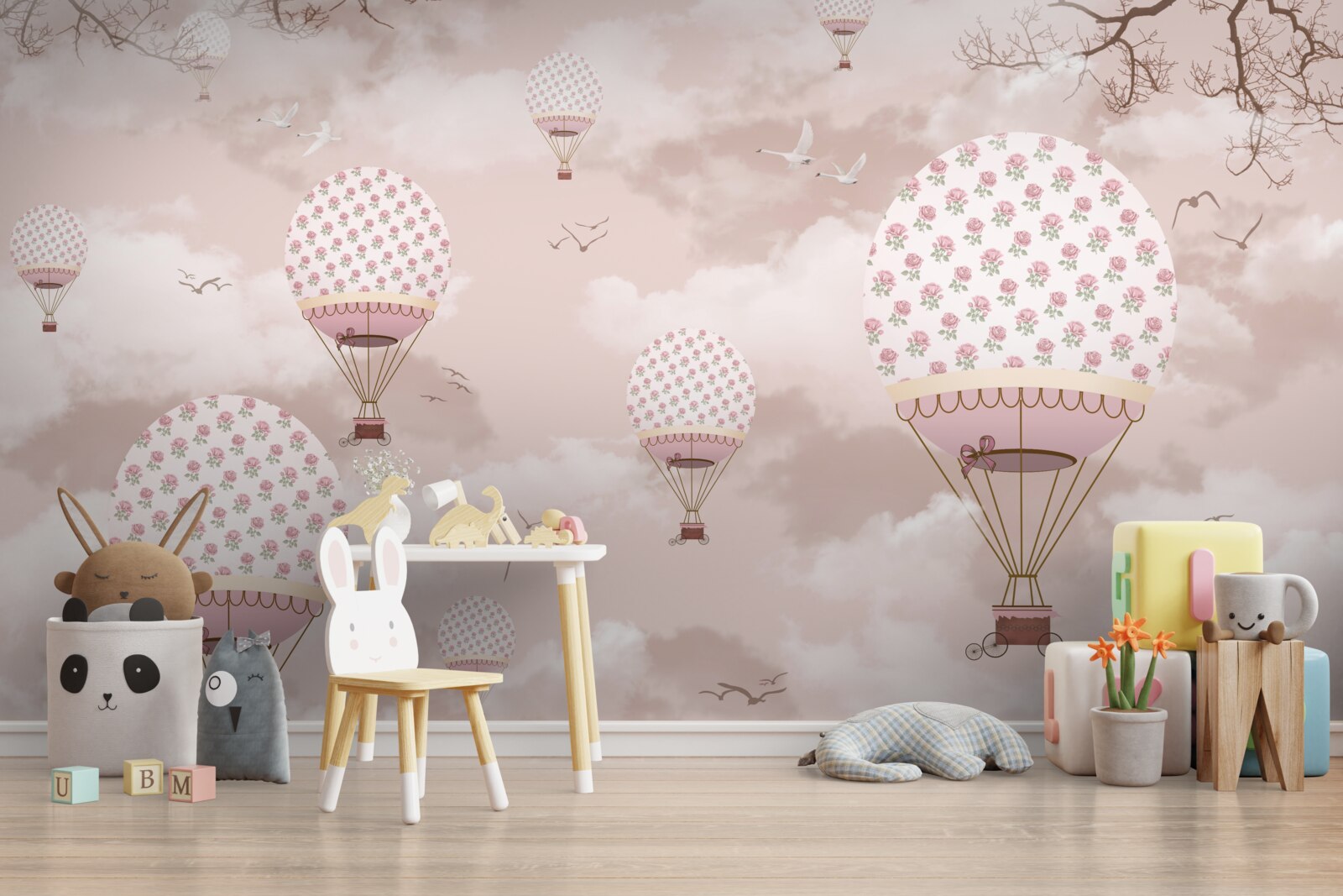 Fototapeten Der rosa Himmel ist mit Luftballons dekoriert