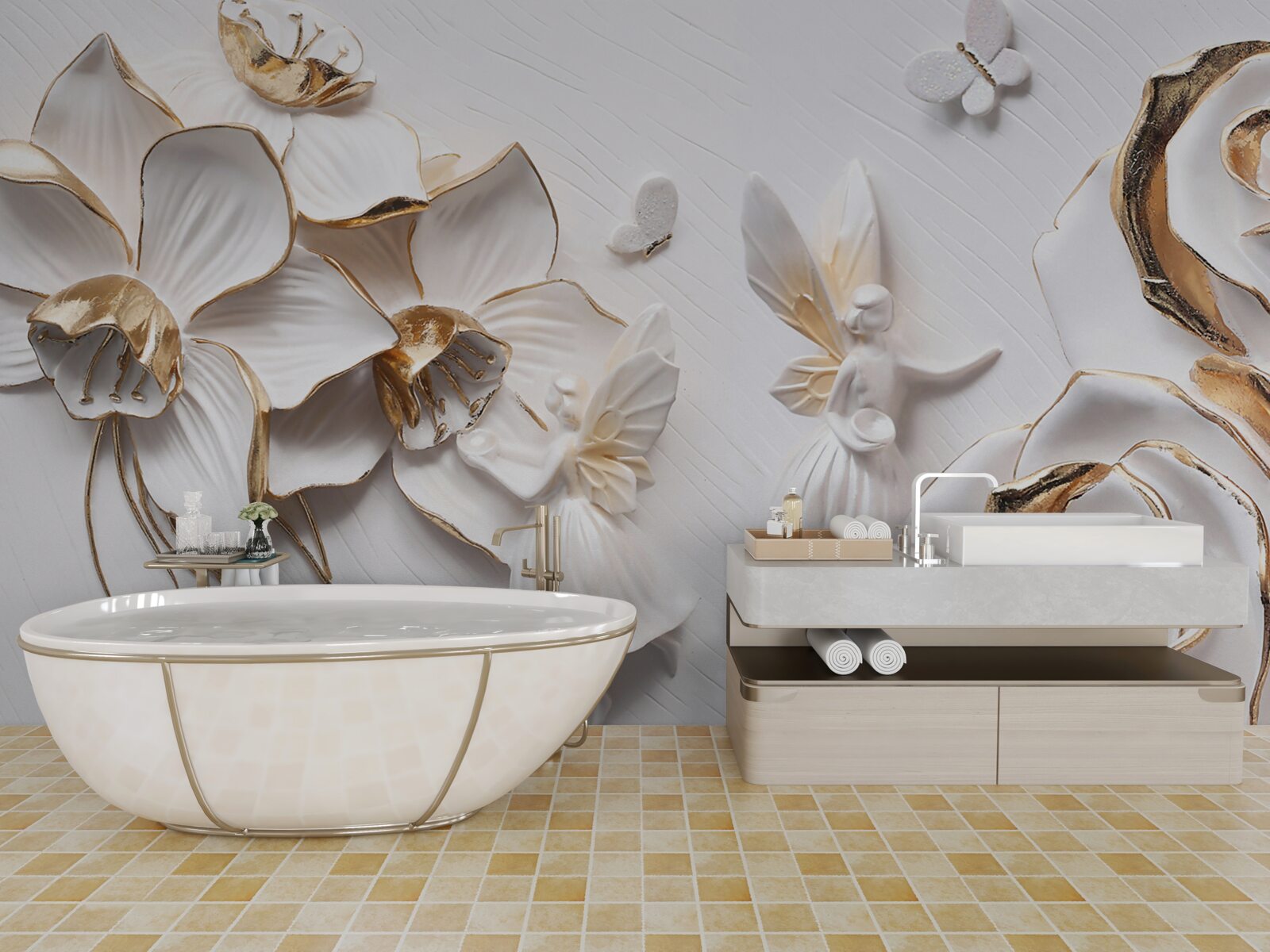 Fototapeten Schmetterlinge und Gold auf dem Hintergrund weißer Blumen