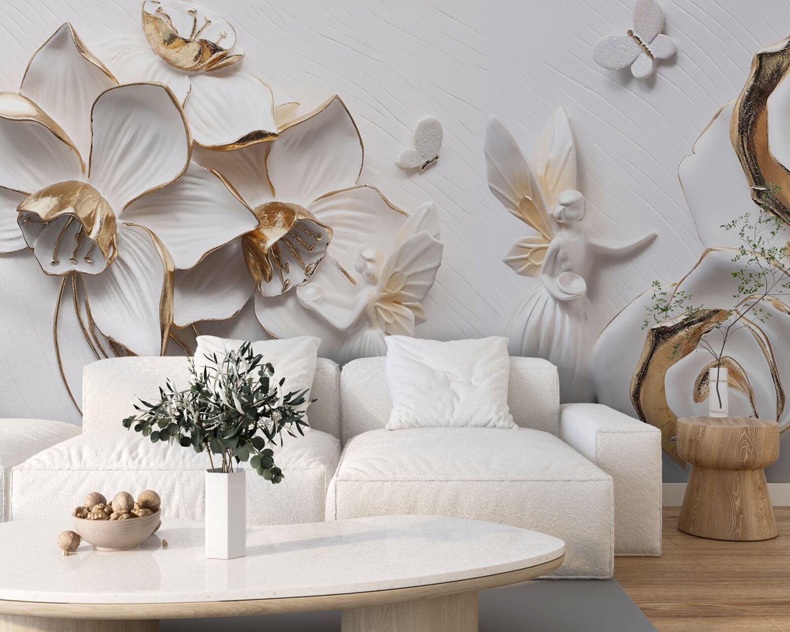 Fototapeten Schmetterlinge und Gold auf dem Hintergrund weißer Blumen