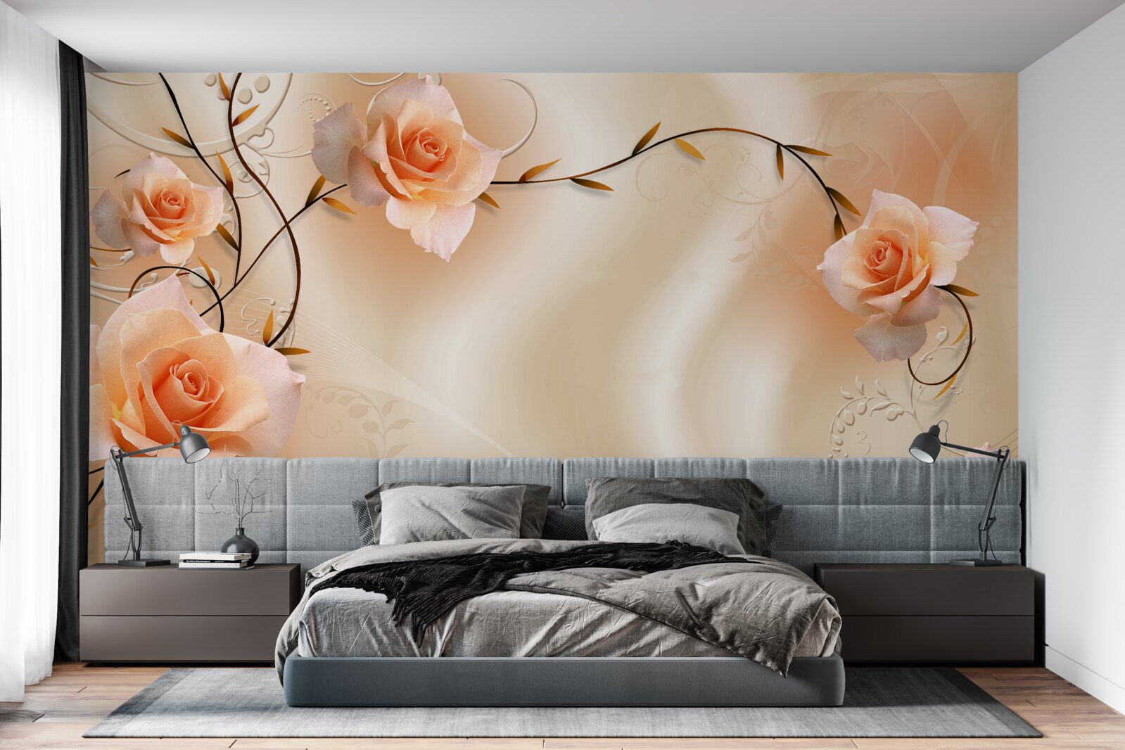 Fototapeten Pfirsich Rose auf Zweigen und Seide
