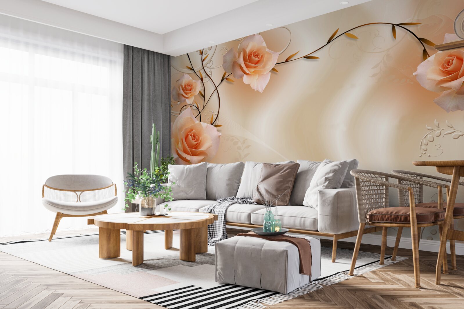 Fototapeten Pfirsich Rose auf Zweigen und Seide