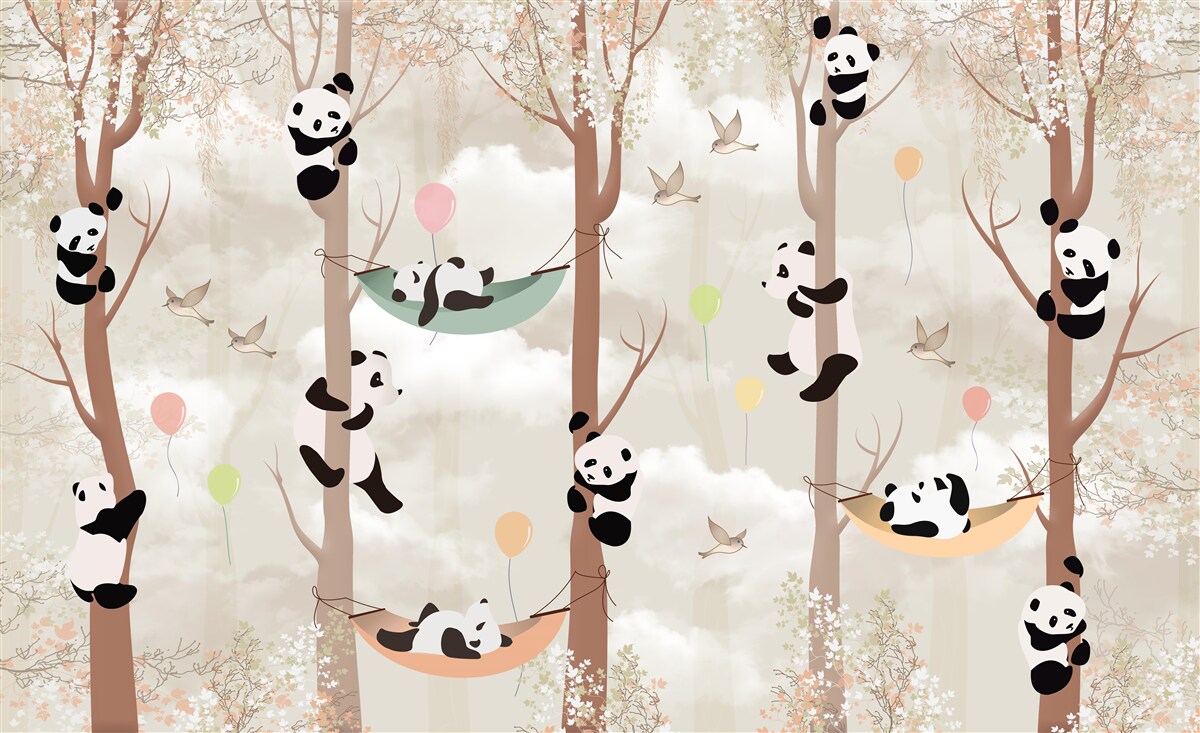 Fototapeten Es gibt viele Pandas auf den Bäumen