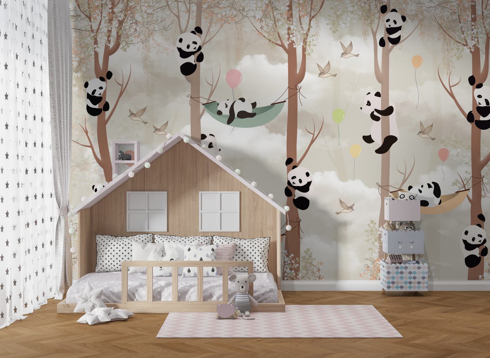 Fototapeten Es gibt viele Pandas auf den Bäumen