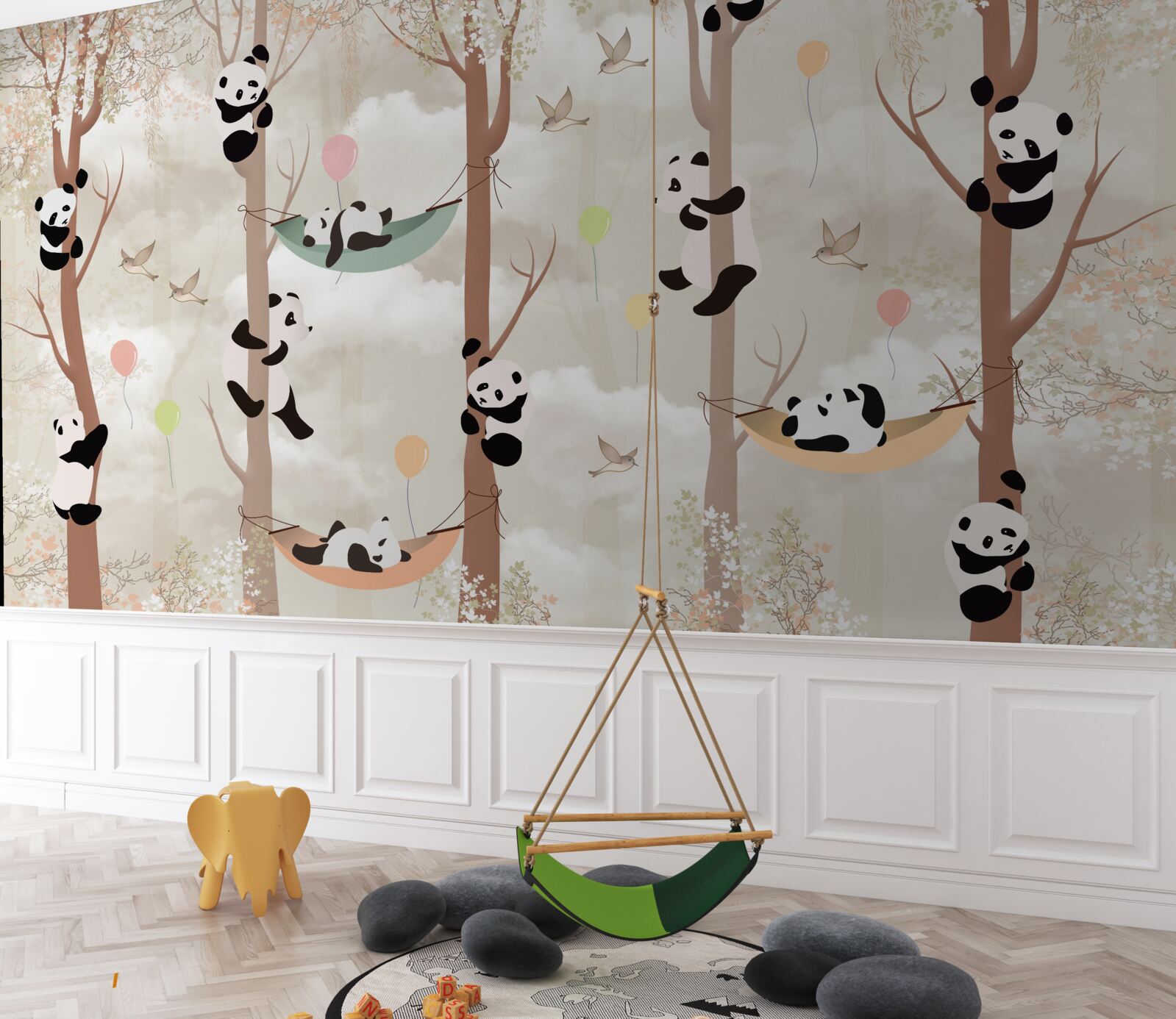 Fototapeten Es gibt viele Pandas auf den Bäumen