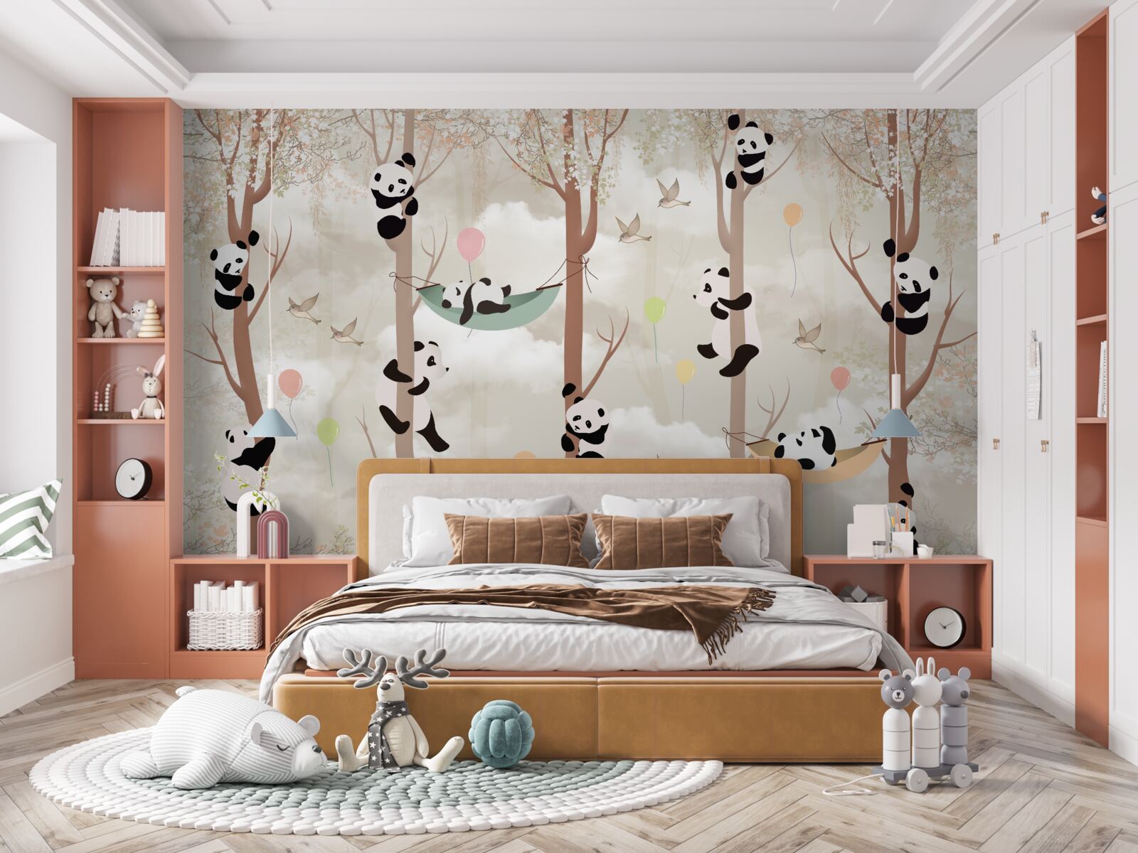 Fototapeten Es gibt viele Pandas auf den Bäumen