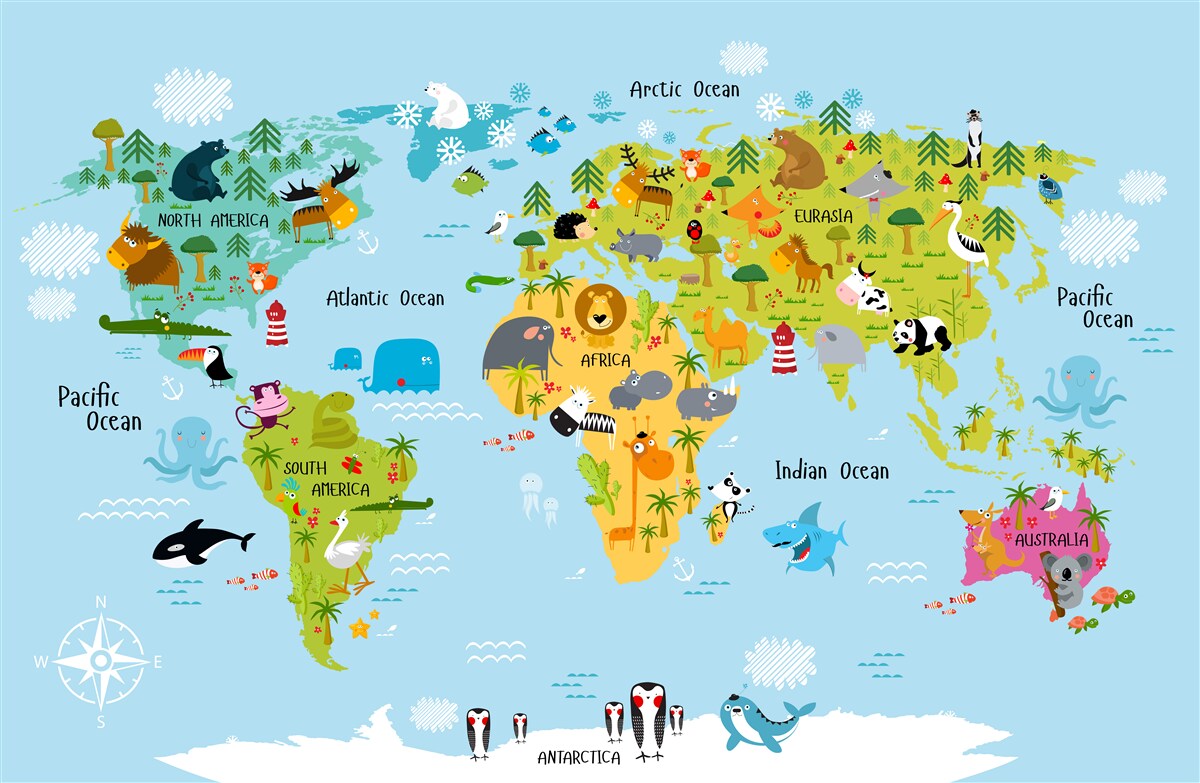 Fototapeten Karte der Welt im Cartoon -Stil