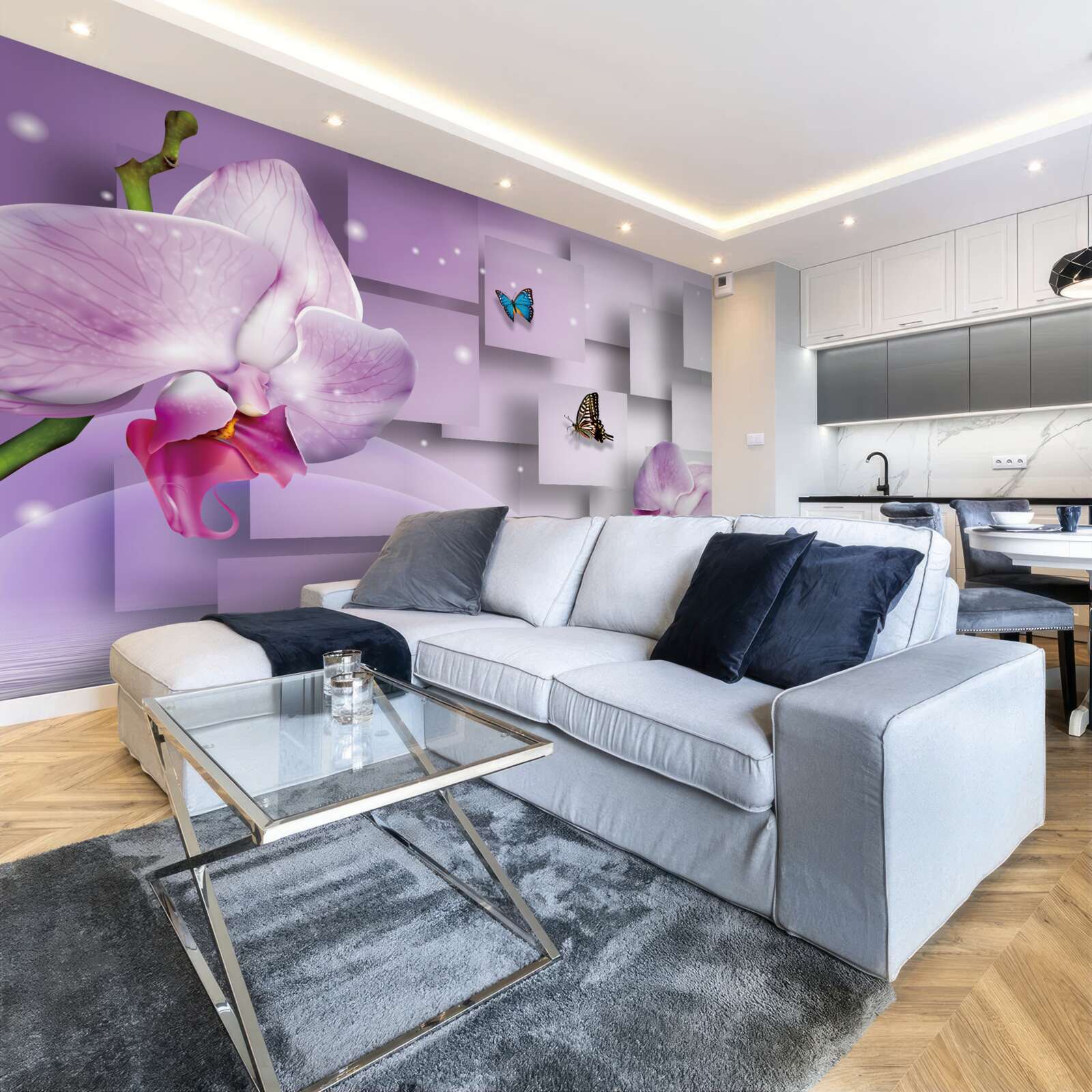 Fototapeten Lila -Orchidee und Schmetterlinge, die vor dem Hintergrund eines geometrischen Musters angeordnet sind