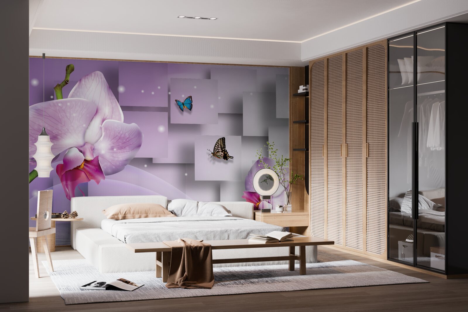 Fototapeten Lila -Orchidee und Schmetterlinge, die vor dem Hintergrund eines geometrischen Musters angeordnet sind
