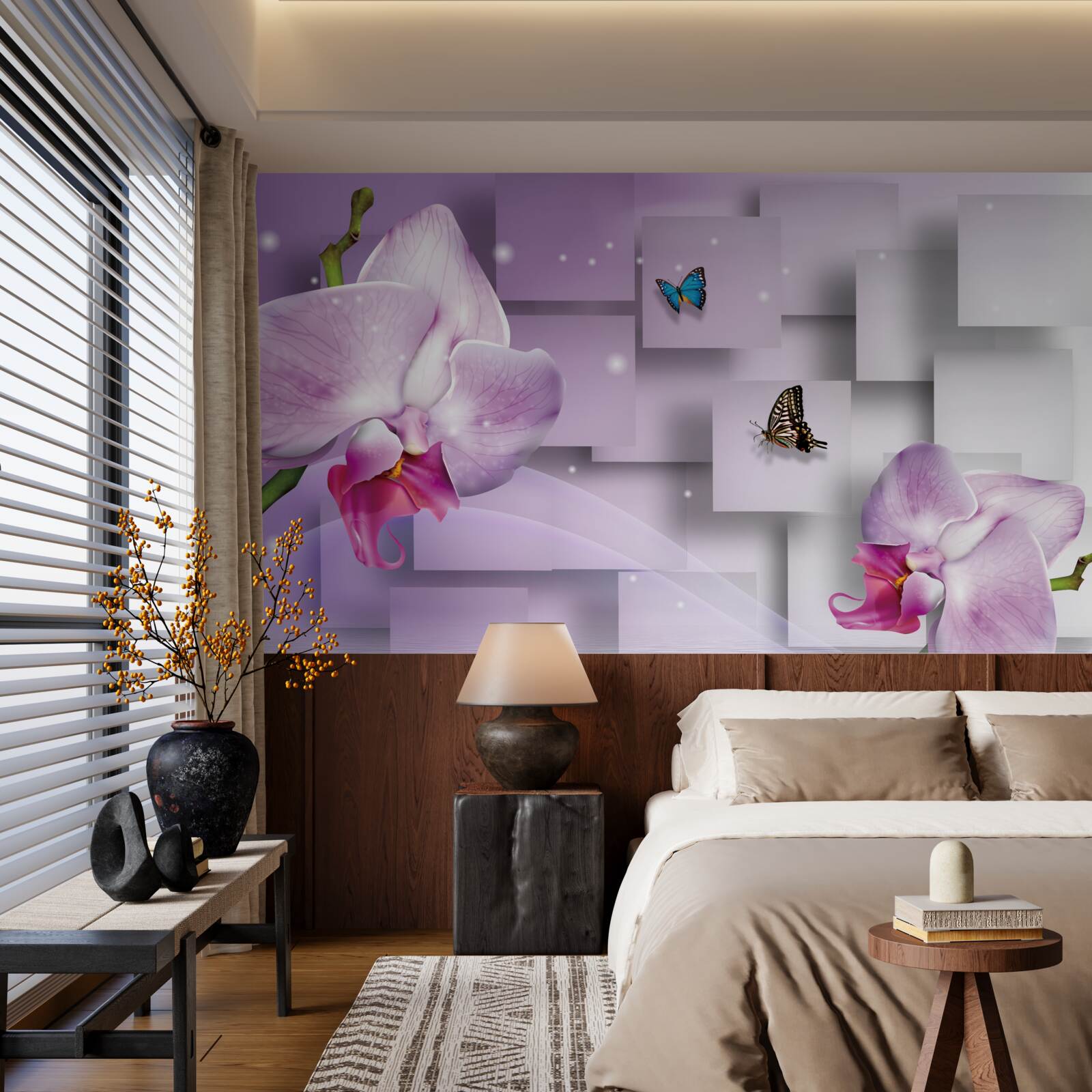 Fototapeten Lila -Orchidee und Schmetterlinge, die vor dem Hintergrund eines geometrischen Musters angeordnet sind