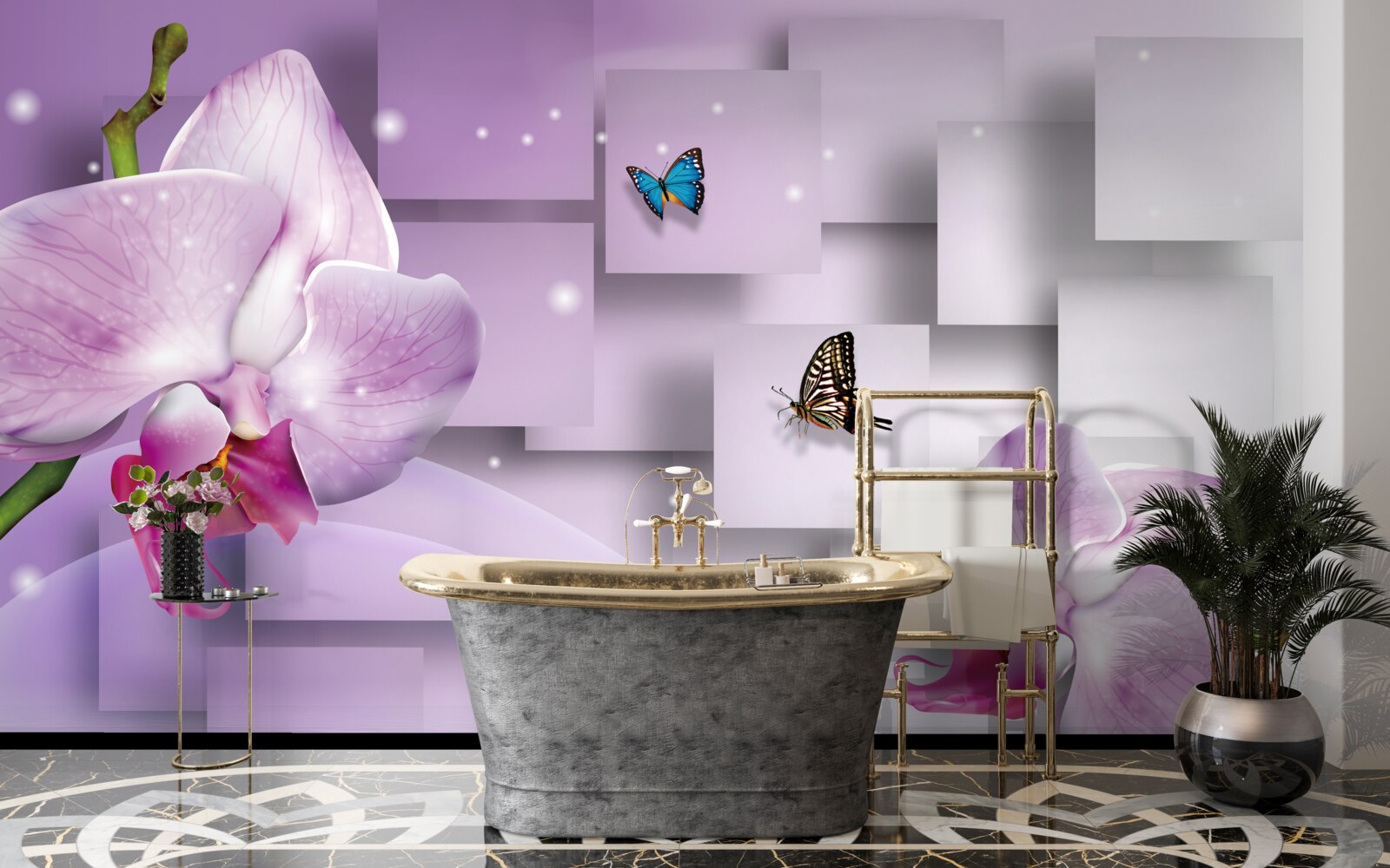 Fototapeten Lila -Orchidee und Schmetterlinge, die vor dem Hintergrund eines geometrischen Musters angeordnet sind