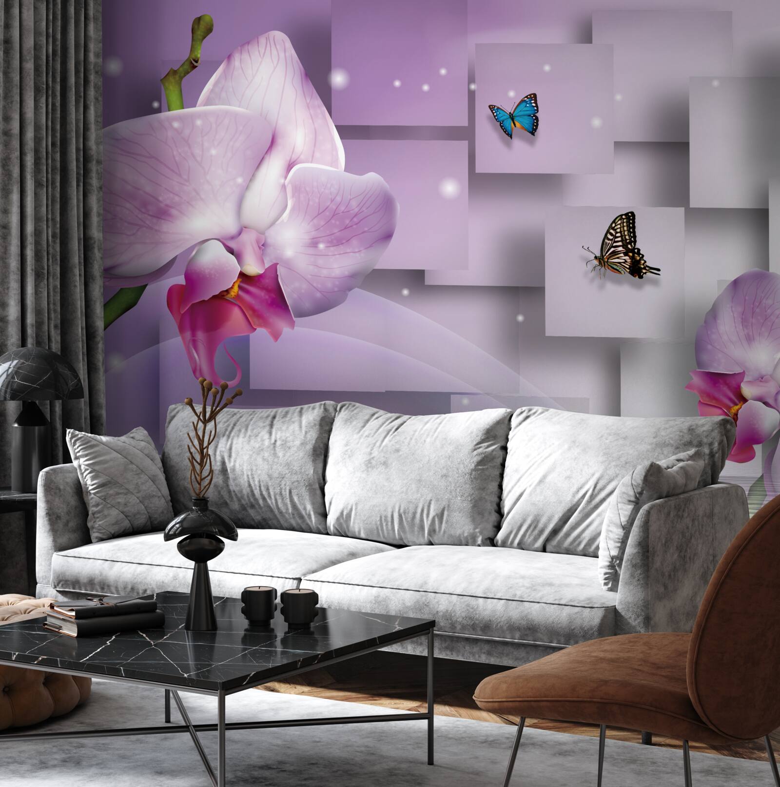 Fototapeten Lila -Orchidee und Schmetterlinge, die vor dem Hintergrund eines geometrischen Musters angeordnet sind