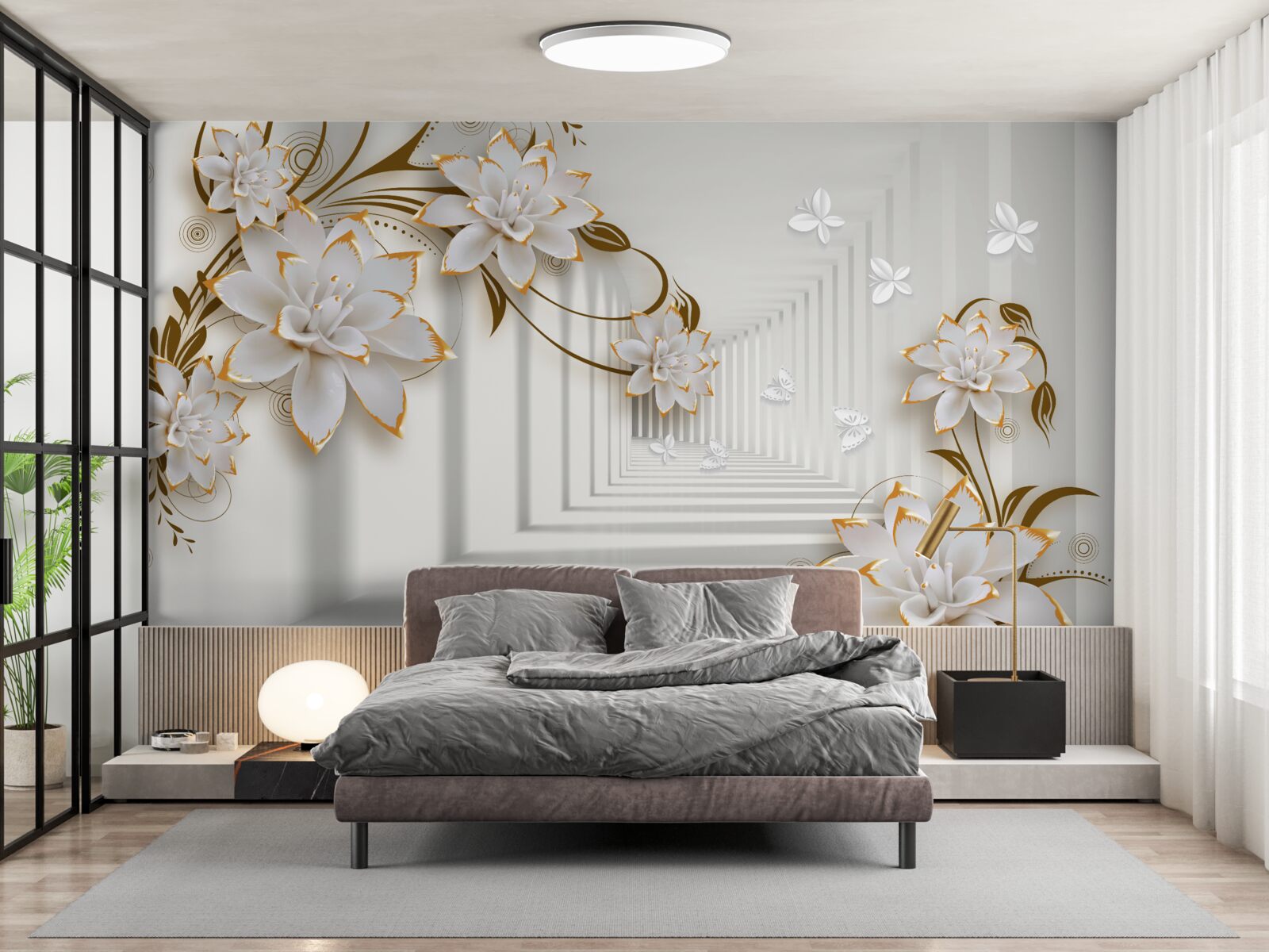 Fototapeten Goldene Dekorationen auf weißem Lotus im Flur